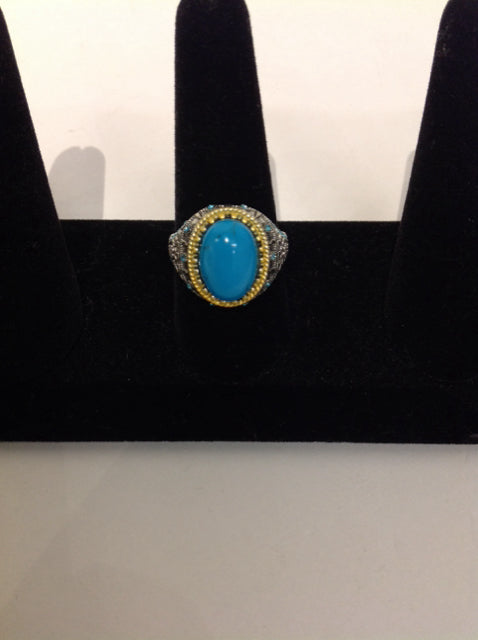 Silver Ring w/Turquoise & Rhinestones