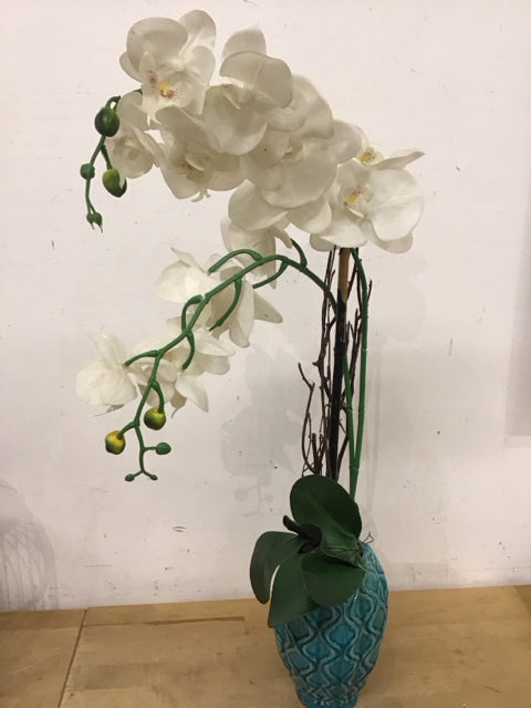 26" Faux Orchid Flowers Aqua Vase