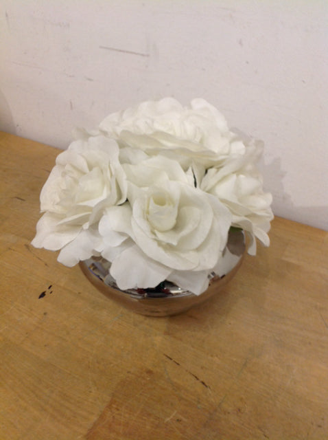 7" White Roses In Silver Planter