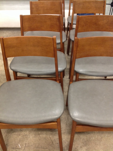 Set Of 8 West Elm Wood & Grey Leather Chairs