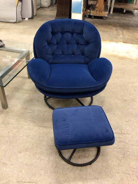 Blue Fabric Tufted Chair & Ottoman