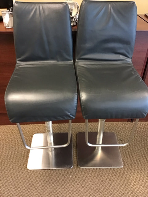 Pair Of Black Leather Adjustable Bar Stools