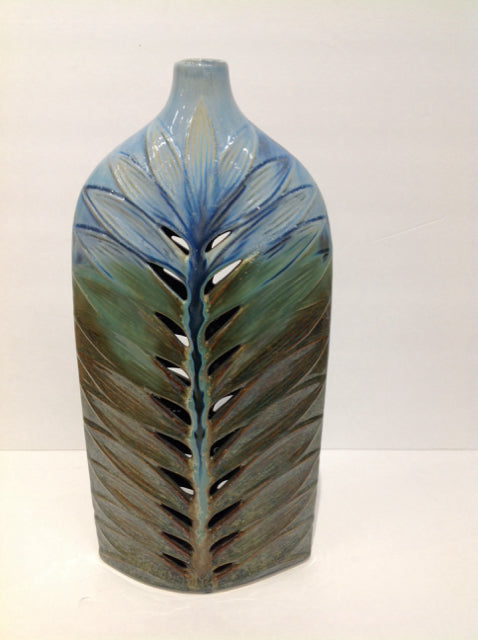 17" Blue/Tan Enameled Ceramic Vase