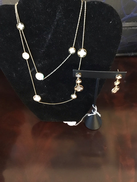 Van Cleef Style Gold Inlaid MOP Necklace w/Earrings
