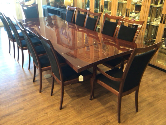 AS-IS Lacqured Extension Dining Table W/12 Chairs/2 Leafs