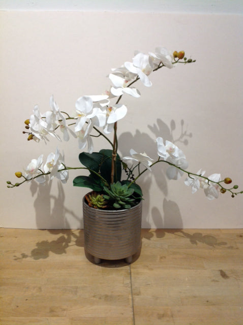 28" Faux Orchids in Ribbed Ceramic Vase
