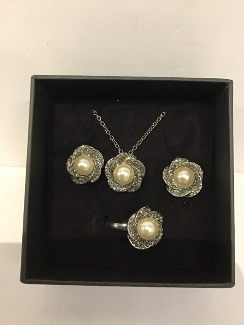 Silver Necklace, Ring, Earrings w/Faux Pearls