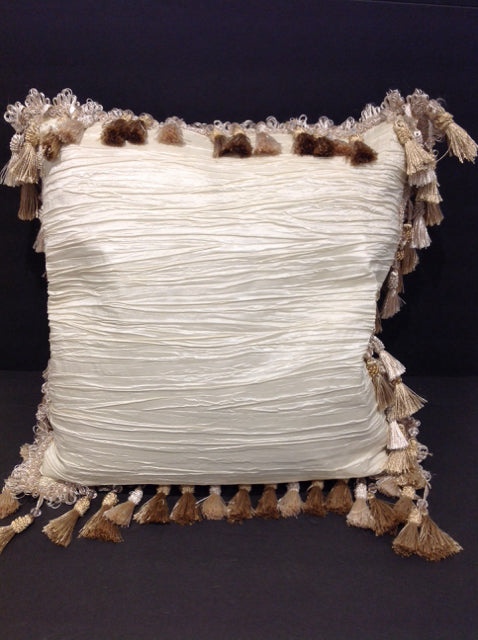 Puckered Ivory Pillow w/Crystal Fringe