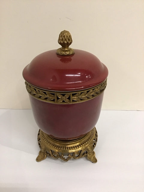13" Crackled Red Porcelain Urn w/Brass Accents