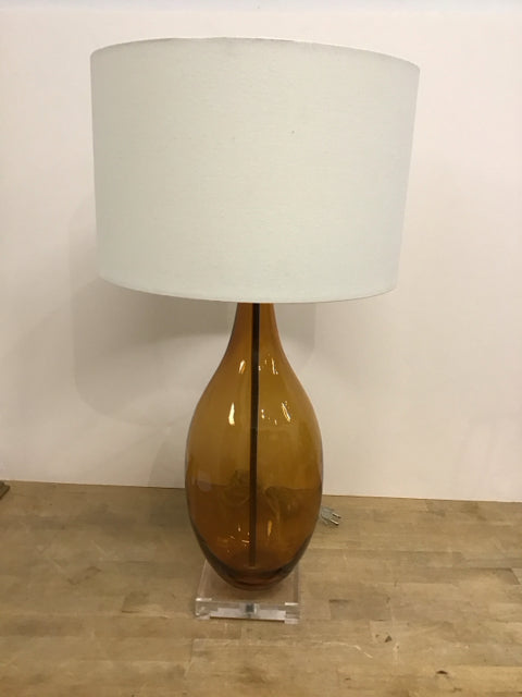 Amber Glass Bottle Lamp w/White Drum Shade