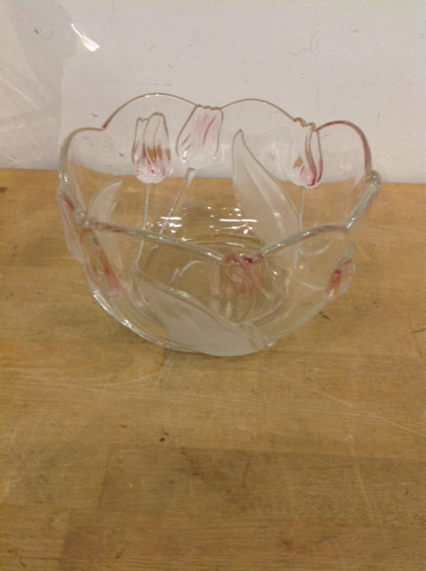 Bowl- 8" Pink Flower Frosted Glass