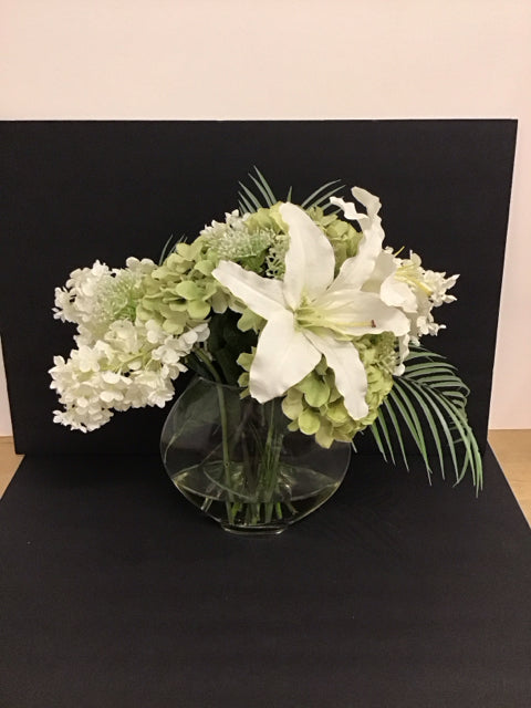 19" Faux Hydrangea & Tulips in Glass Vase