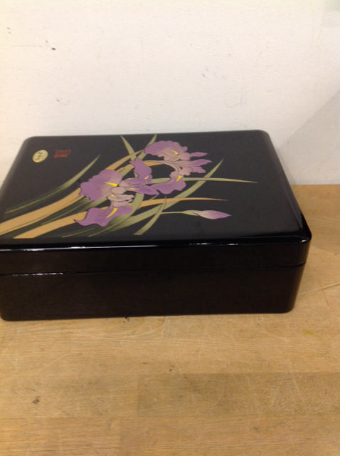 12" Asian Black Lacquer Floral Box