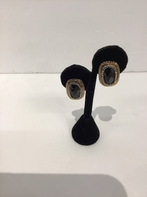 Gold/Silver Earrings w/Black Faceted Stone