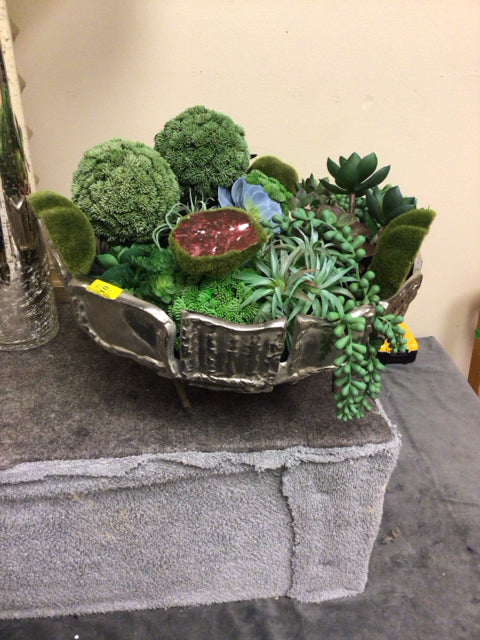Faux Succulent Arrangement In Silver Metal Bowl