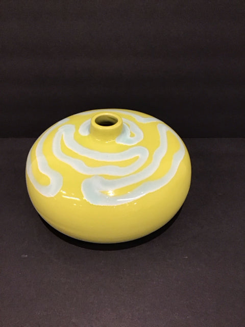 5" Green Ceramic Vase w/Blue Abstract Design