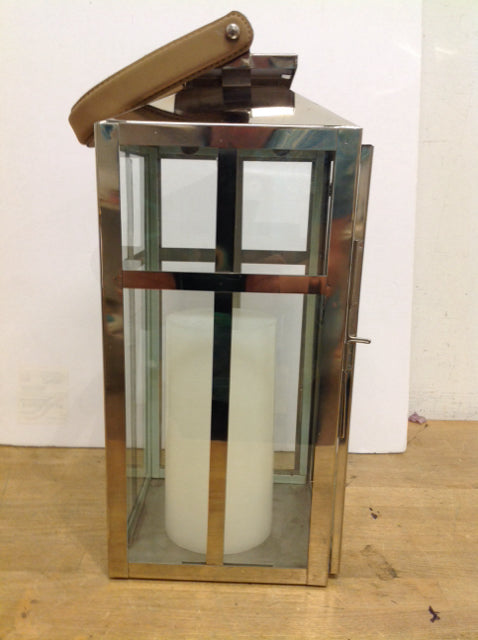 17" Hurricane Glass Lantern Candle Holder w/Leather Handles