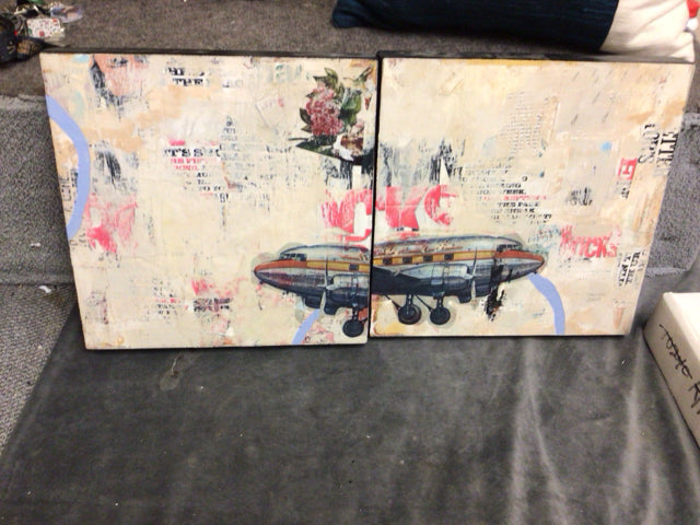 12" Pair Sq. Signed Richard Salicido "Western" Abstract On Canvas