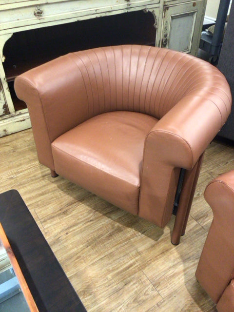 AS-IS Brown Leather & Metal Barrel Chair(Scuffs/Marks)