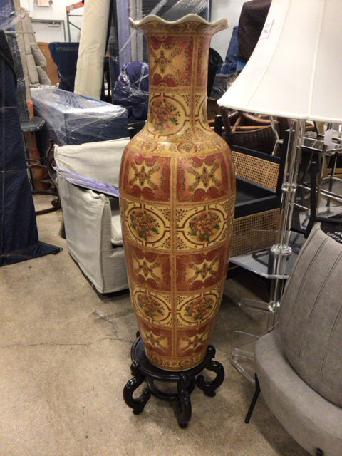48" Asian Cream & Burgandy Scalloped Rim Floor Vase W/Stand