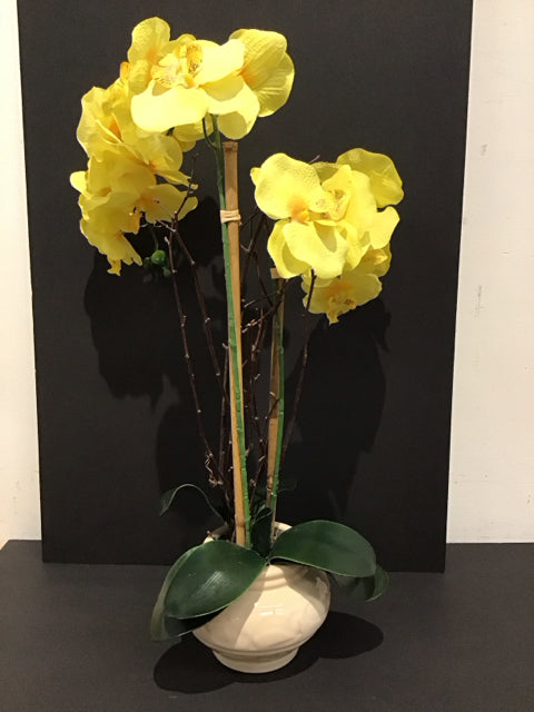 24" Faux Yellow Orchids in Ceramic Vase