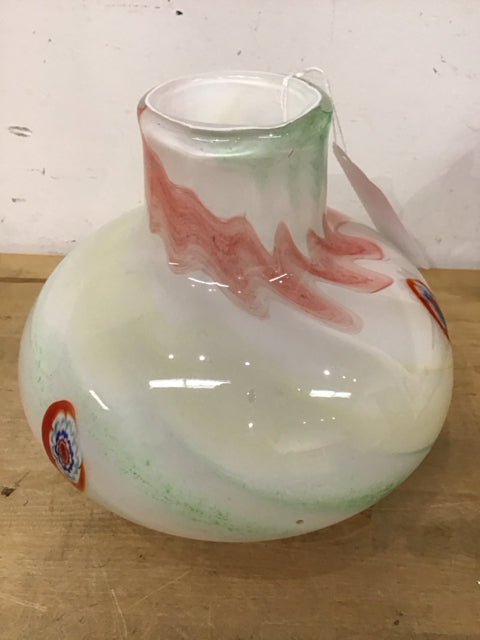9" Green Pink & White Glass Vase