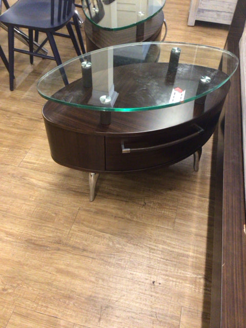Dark Brown One Drawer Oval Glass Top Nightstand
