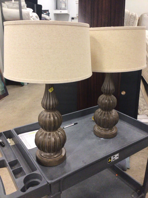 As-Is Pair Of Wood Table Lamps W/Shades
