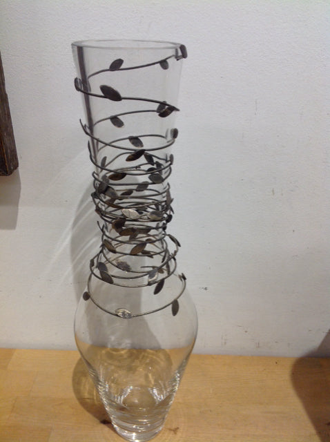 Vase- 16" Clear Glass W Silver Wire