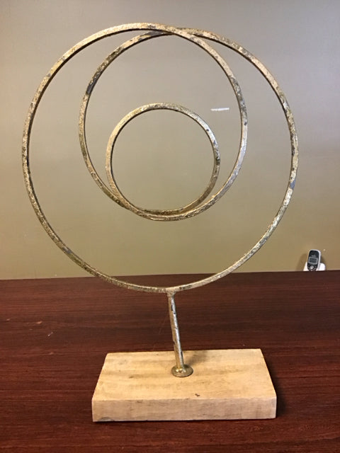 17.5" Gold Swirl Metal Sculpture W/Wood Base