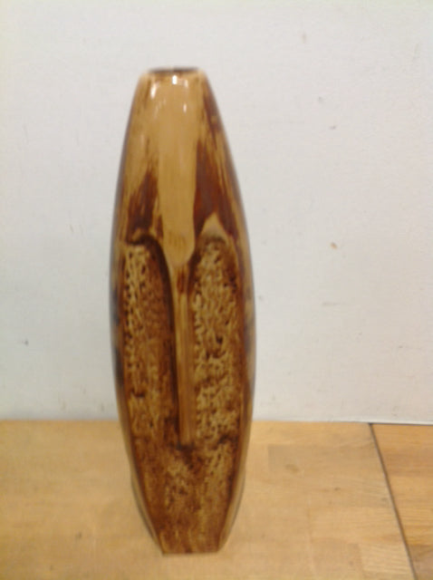 Vase- 15" Tan & Brown Ceramic Drip