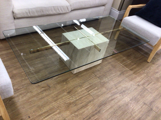 60" X 30" Glass Top Travertine Base Coffee Table
