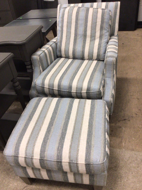 Havertys Custom Blue & Cream Stripe Arm Chair & Ottoman