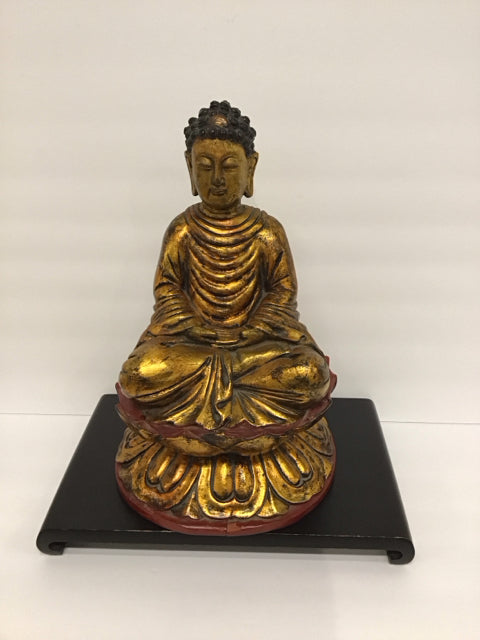 16" Wooden Sitting Buddha on Black Platform