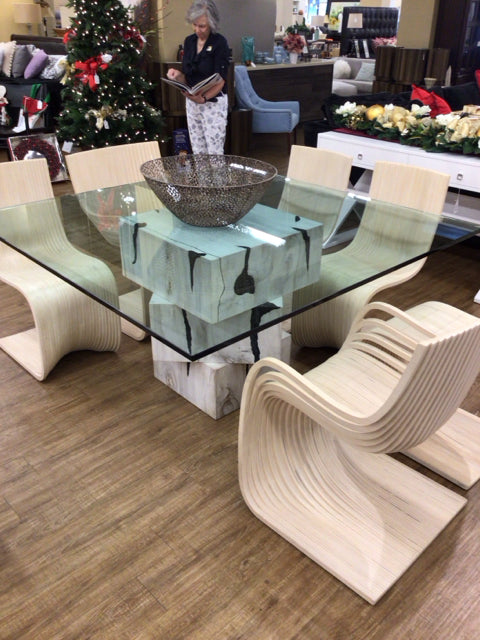 59 1/8" X 59 1/4" Glass Top Stacked Wood Pedestal Base Dining Table