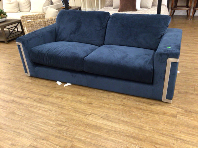 Blue Fabric Block Arm Chrome Accent Sofa