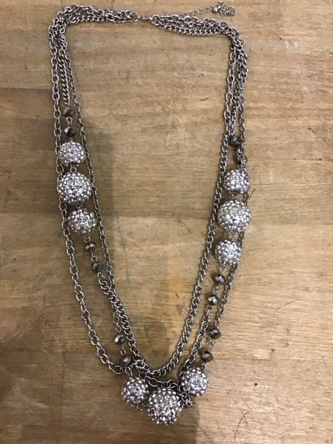 Silvertone Multi Strand Rhinestone Balls Necklace
