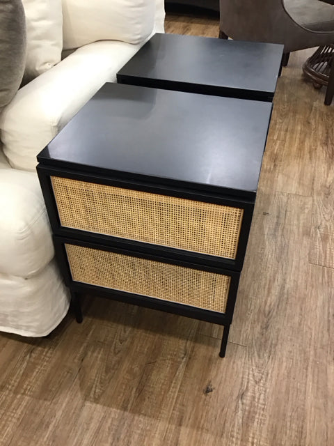 Black Wood Nightstand w/Rattan Drawers