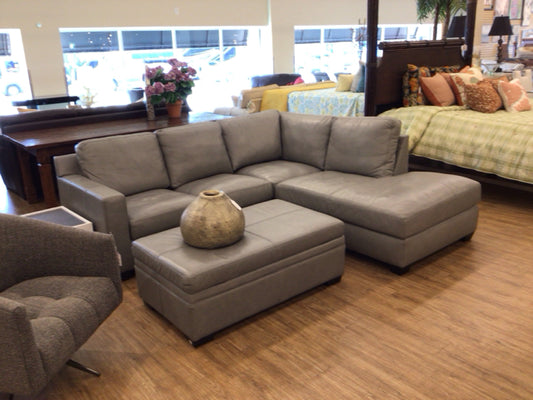 Grey Leather Sectional with Ottoman