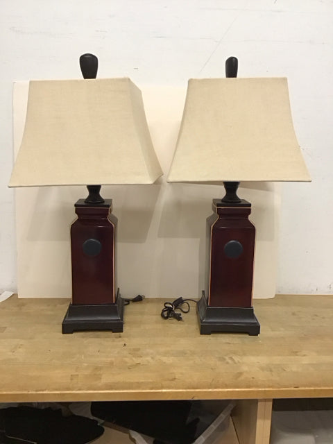 Pair 34" Brown Porcelain Sq Canister Lamps