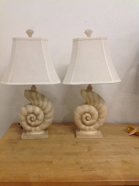 28" Pair Ivory Resin Seashell Lamps/White Linen Shade