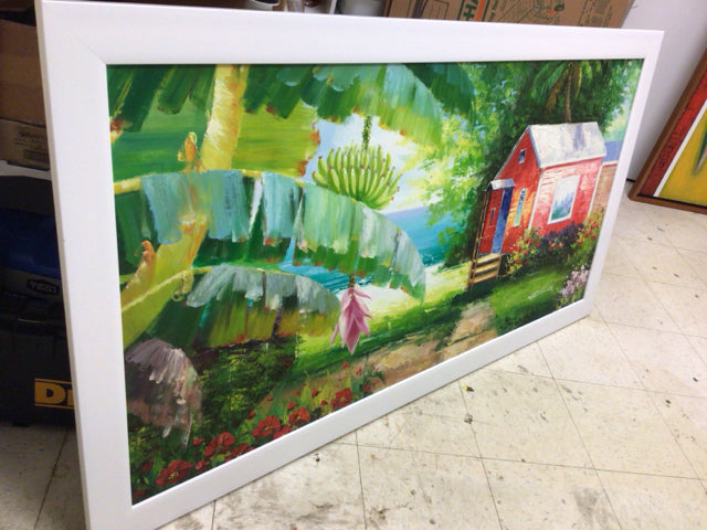 65 1/4" X 35 1/8" White Framed Beach House Oil Painting On Canvas