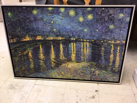 41 3/4" X 27 3/4" Silver Framed Blue/Yellow Lake Scene Print On Canvas