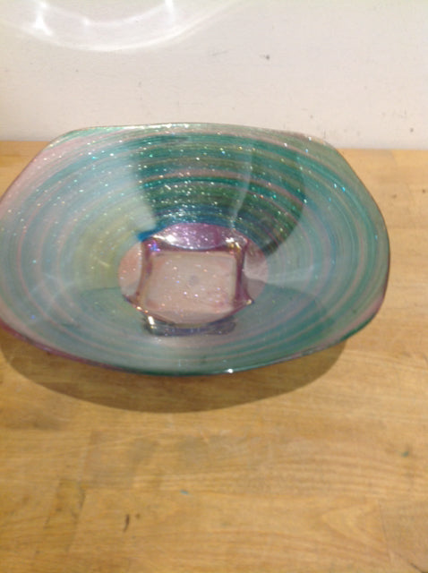 Bowl- 12" Italy Pink Green Glitter Glass