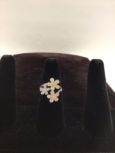Cartier Style 925 3-Flower/Pave Ring