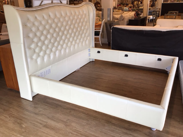 AS-IS White Leather Silver Nail Head Accent King Bed Frame(No Slats)