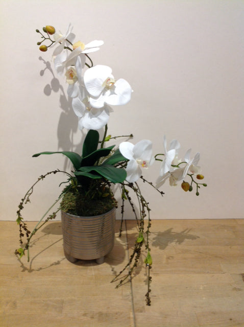 24" Faux Orchids in Ribbed Ceramic Vase