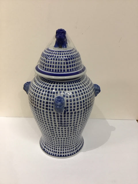 18" Blue/White Painted Foo Dog Urn