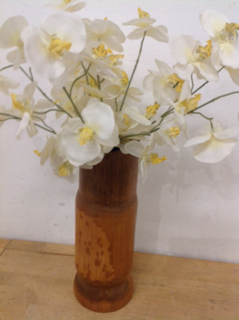 14" Wood Bamboo Vase W White Flowers