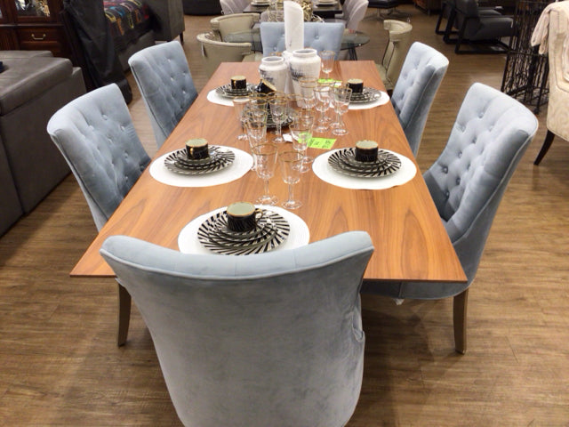 Set Of 6 PB Custom Tufted Soft Blue Robin Egg Felt Dining Chairs